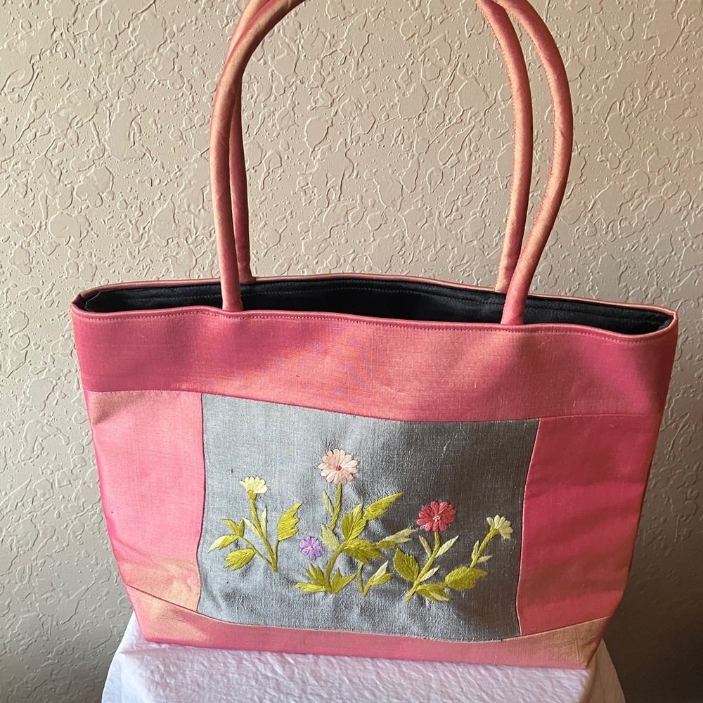 Lan’s Galerie: 100% Silk Floral Embroidered Pink Tote Bag